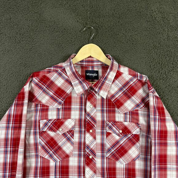 Wrangler Shirt Mens XXL Red Plaid Pearl Snap Western Button Up Long Sleeve - Picture 2 of 12